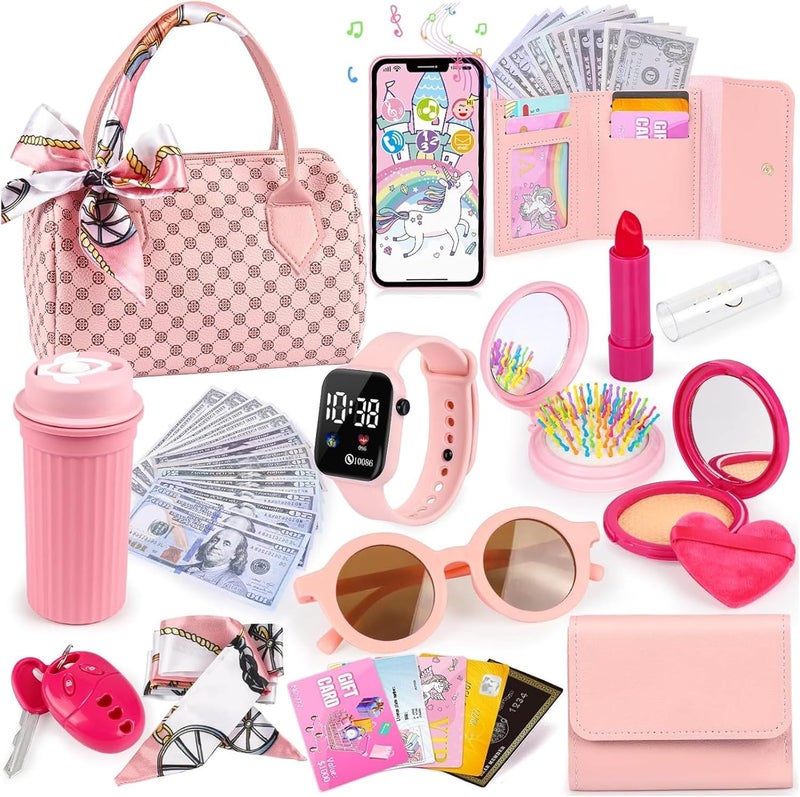 Beauenty Play Purse for Little Girls - 32PCS Toddler Purse with Pretend Makeup, Handbag, Phone, and Accessories - Image 1